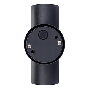 Black stainless steel cylindrical up down wall light with circular mounting plate and adjustable beam direction