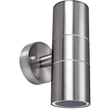 Luceco Azurar stainless steel outdoor wall light with cylindrical up and down lighting design mounted on exterior wall