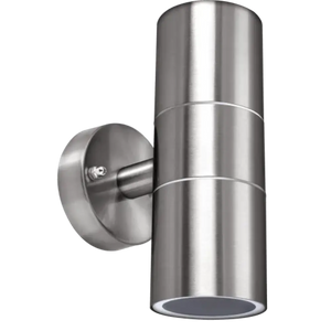 Luceco Azurar stainless steel outdoor wall light with cylindrical up and down lighting design mounted on exterior wall