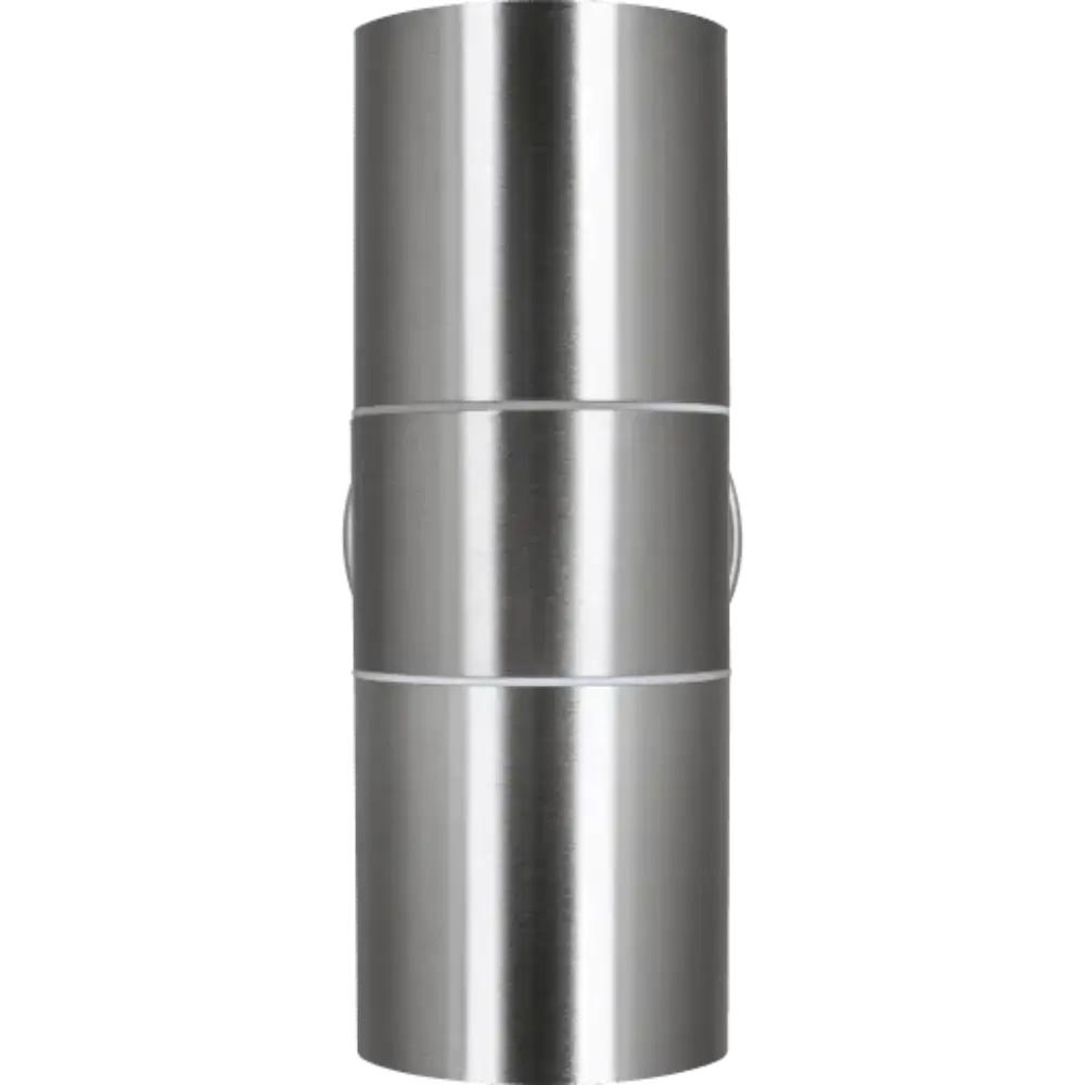 Luceco Azurar stainless steel outdoor wall light cylinder with horizontal bands and mounting bracket on white background