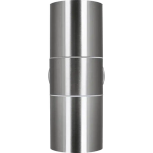 Luceco Azurar stainless steel outdoor wall light cylinder with horizontal bands and mounting bracket on white background