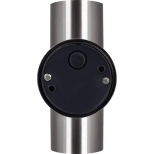 Luceco Azurar stainless steel outdoor wall light with cylindrical brushed metal body and black circular face featuring integrated LED lights