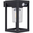 Black solar LED wall lantern with PIR sensor, cylindrical frosted glass panels, mounted bracket, and motion detection feature for outdoor lighting