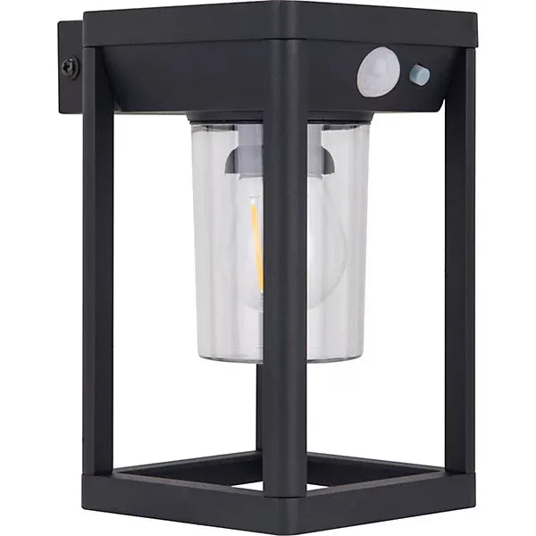 Black solar LED wall lantern with PIR sensor, cylindrical frosted glass panels, mounted bracket, and motion detection feature for outdoor lighting