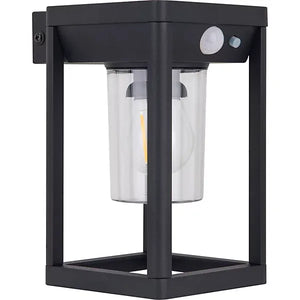 Black solar LED wall lantern with PIR sensor, cylindrical frosted glass panels, mounted bracket, and motion detection feature for outdoor lighting