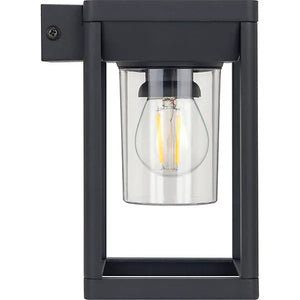 Black metal outdoor solar wall lantern with clear glass cylinder housing warm white LED filament bulb and PIR motion sensor