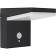 Luceco Aries slate grey outdoor LED solar wall light with integrated PIR motion sensor and white light panel, modern angular design