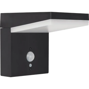 Luceco Aries slate grey outdoor LED solar wall light with integrated PIR motion sensor and white light panel, modern angular design