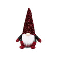 Burgundy sequin gnome decoration with white fluffy beard, black and burgundy knit body and mittens, and tall pointed hat