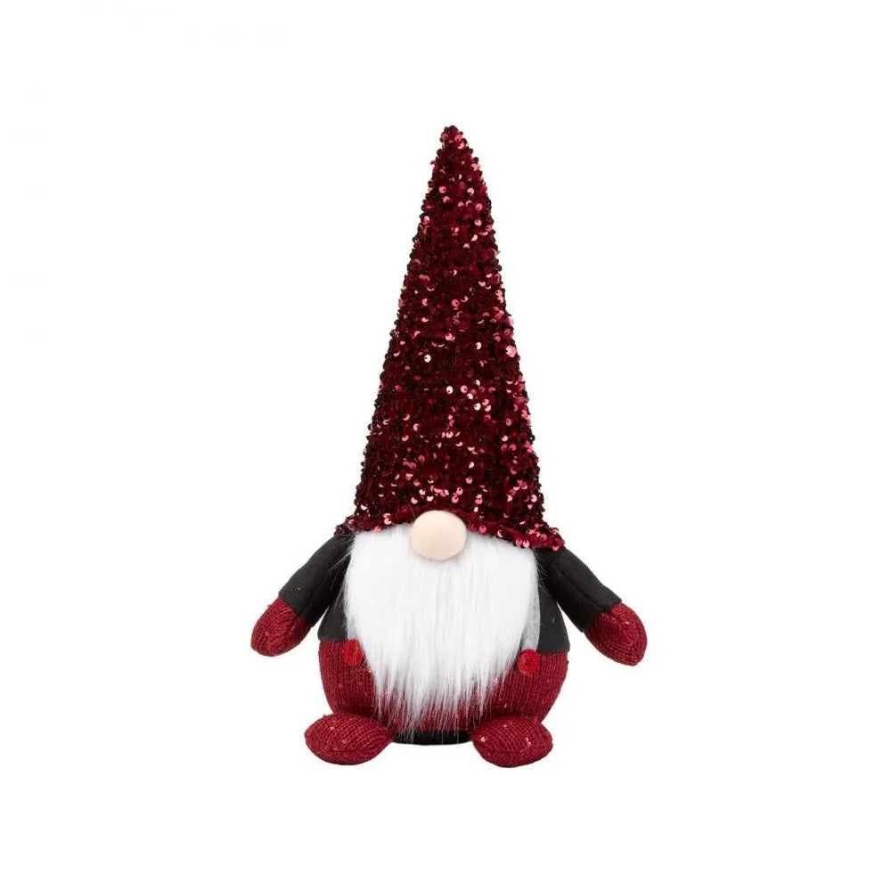 Burgundy sequin gnome decoration with white fluffy beard, black and burgundy knit body and mittens, and tall pointed hat