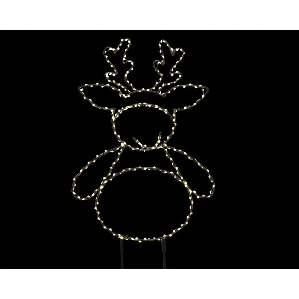 Lumineo Micro LED Reindeer Stake outdoor decoration featuring warm white lights outlining a reindeer silhouette with antlers, head and body against a black background, 47cm tall with ground stake
