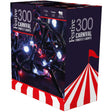 Festive 300 Carnival Firefly Lights packaging box displaying green 7.7m string lights with red and white LED bulbs in white and red striped carnival tent design