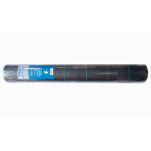 Rolled black weed control fabric with blue label and green marker lines, 2 metre by 50 metre weedblock displayed horizontally on white background