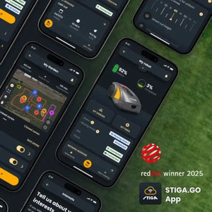 Multiple smartphones displaying the STIGA.GO app on a grass background