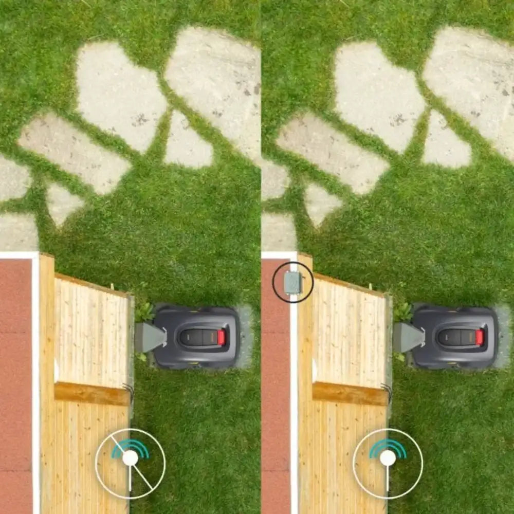 Top-down view of a robot lawn mower on grass with a wooden deck and patio area.