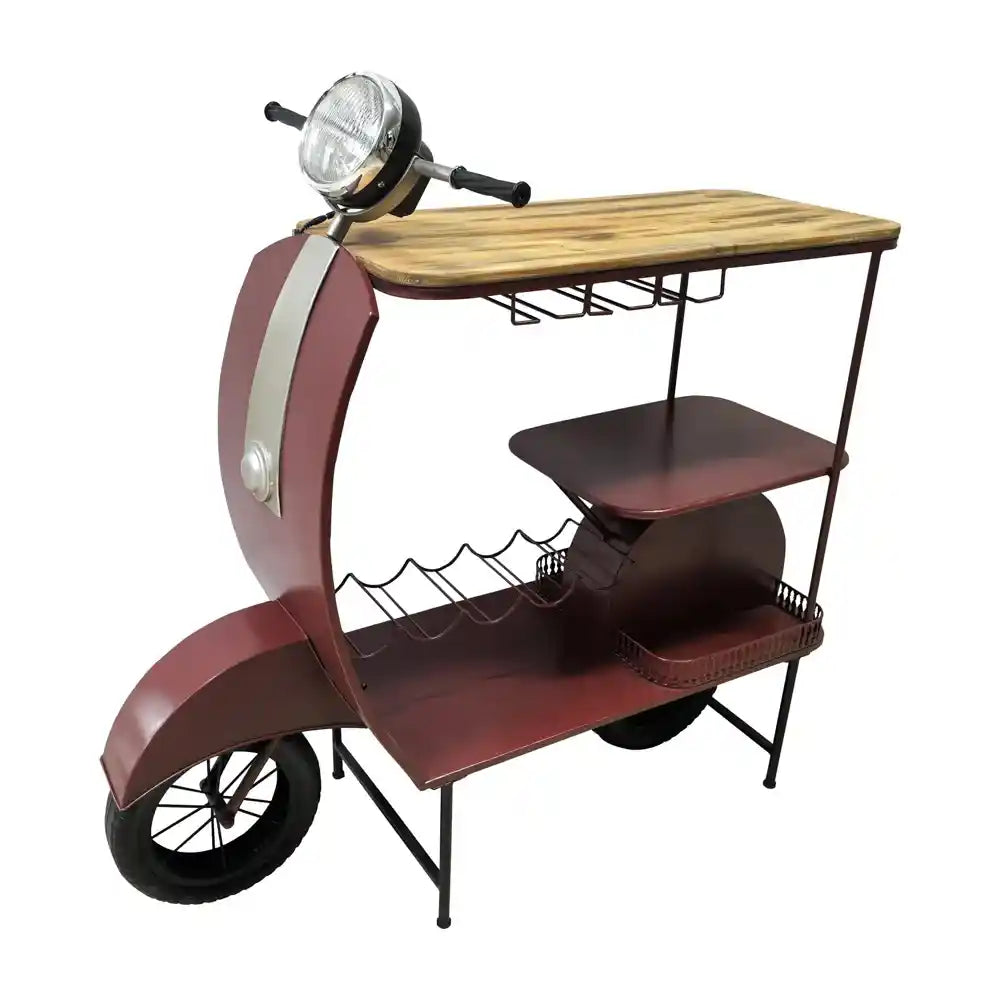Red vintage Vespa scooter-inspired wine rack bar with wooden top shelf, burgundy metal body, chrome headlight, black metal frame shelving, and black wheels