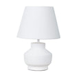 White ceramic table lamp with rounded bulbous base and tapered linen shade, modern minimalist bedside lighting design