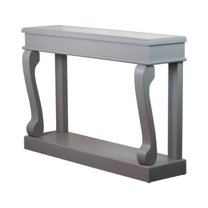 Tara Lane Scroll Console Table 120cm with antique mirror top in mink grey finish featuring curved scroll legs and lower shelf