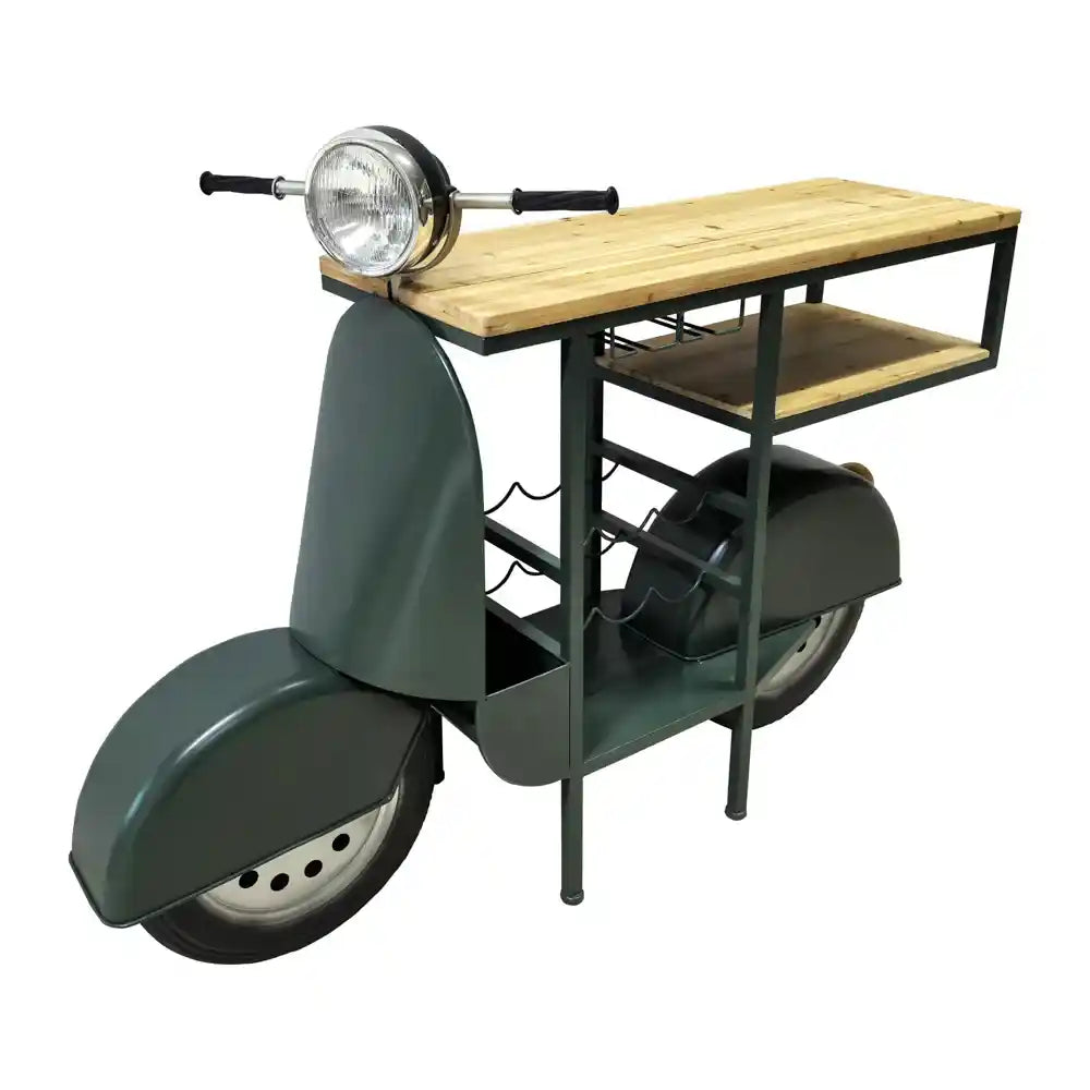 Vintage-style green Vespa scooter wine rack with wooden top shelf and middle shelf, featuring a front headlight, black metal frame, and wheels, displayed against a white background
