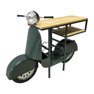 Vintage-style green Vespa scooter wine rack with wooden top shelf and middle shelf, featuring a front headlight, black metal frame, and wheels, displayed against a white background
