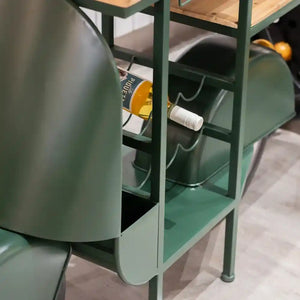 Green metal Vespa scooter-shaped wine rack with shelving displaying wine bottles and glasses, featuring a curved body design and industrial style storage compartments