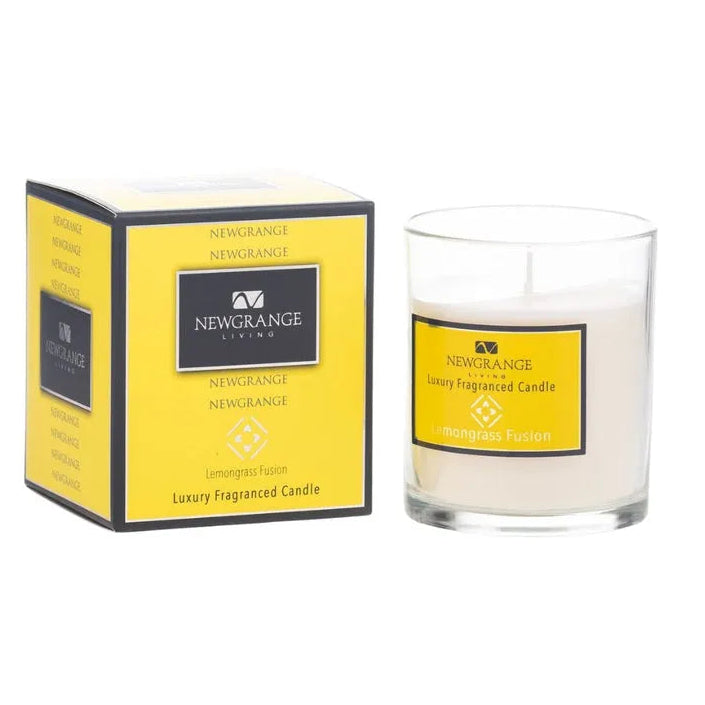 Newgrange Living Lemongrass Fusion luxury fragranced candle with yellow and black branded packaging box and white glass jar with yellow label