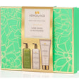 Newgrange Living Lime Basil and Mandarin body care collection luxury gift set featuring green and gold packaging with hand wash, body lotion, and exfoliating body scrub bottles displayed against coordinating patterned box designed in Ireland