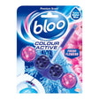 Bloo Colour Active toilet rim block package with pink and purple flower-shaped blocks, showing blue and pink water splash graphics and Fresh Flowers scent label