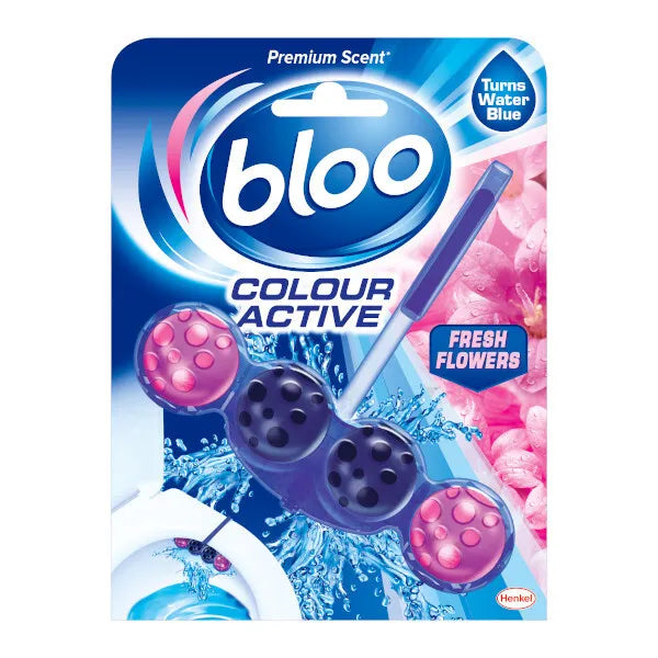 Bloo Colour Active toilet rim block package with pink and purple flower-shaped blocks, showing blue and pink water splash graphics and Fresh Flowers scent label