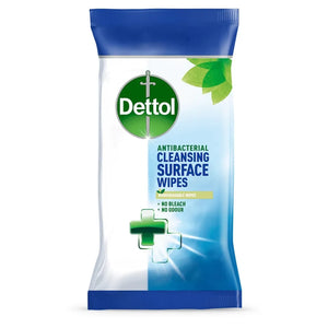 Dettol Antibacterial Cleansing Surface Wipes package with blue and white packaging, green cross logo, and green leaf design showing biodegradable wipes for no bleach no odour cleaning