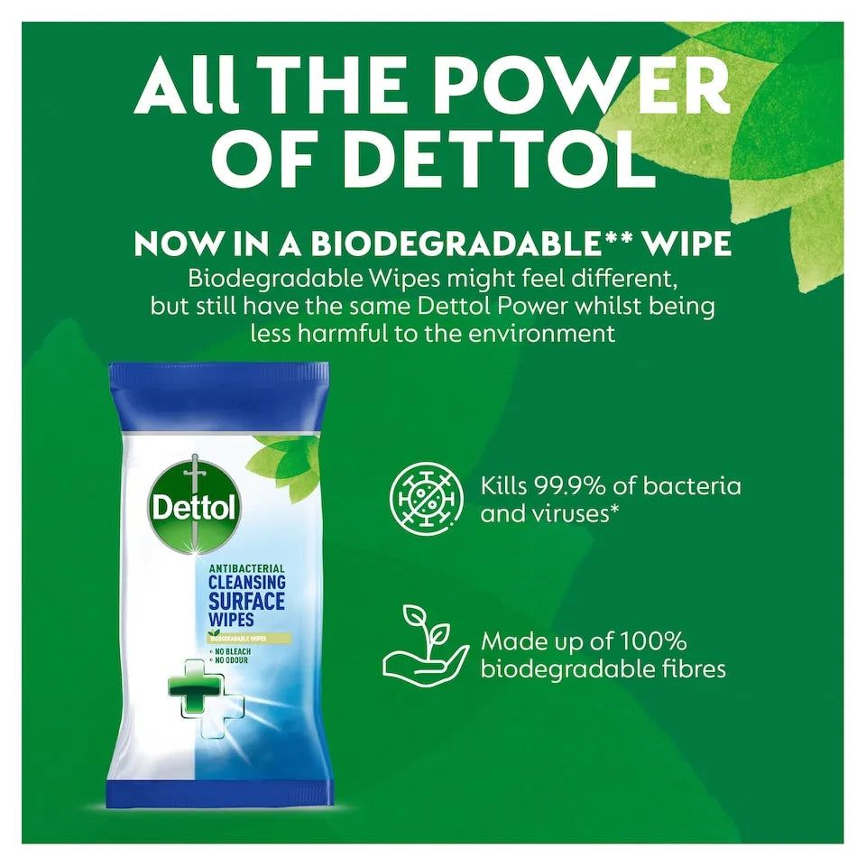 Dettol Antibacterial Cleansing Surface Wipes package displayed on green background with product benefits including 99.9% bacteria and virus kill rate, 100% biodegradable fibres, no bleach and no odour