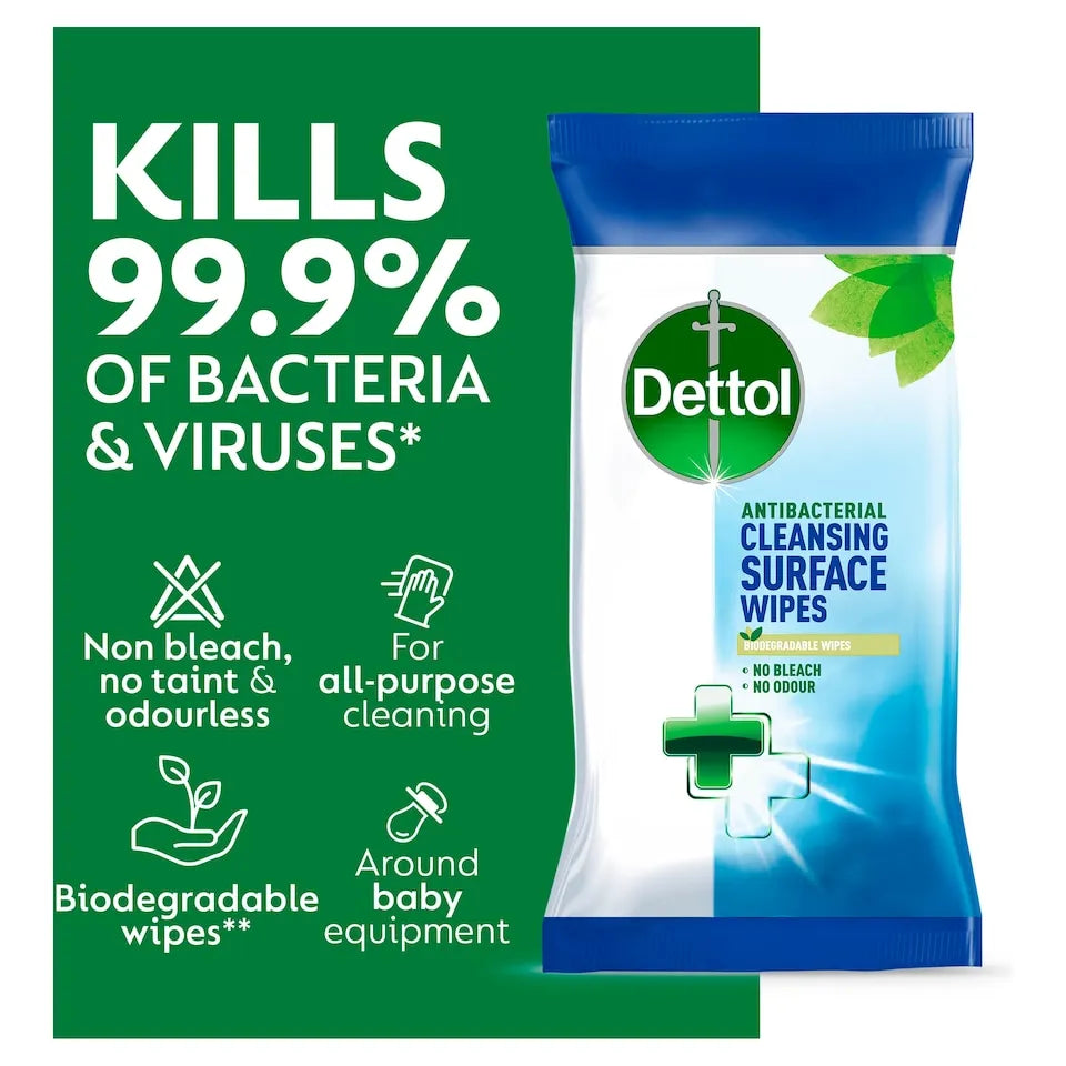 Dettol Antibacterial Cleansing Surface Wipes packaging showing green and blue design with product claims of 99.9% bacteria and virus killing, biodegradable wipes, and all-purpose cleaning capability