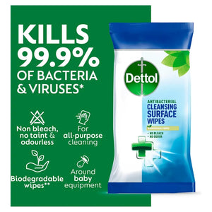 Dettol Antibacterial Cleansing Surface Wipes packaging showing green and blue design with product claims of 99.9% bacteria and virus killing, biodegradable wipes, and all-purpose cleaning capability