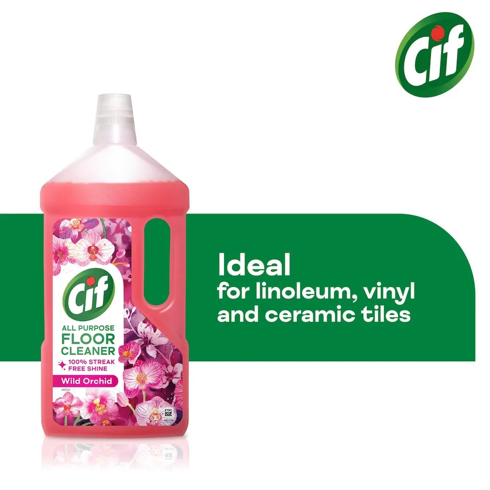 Cif All Purpose Floor Cleaner 950ml bottle with Wild Orchid scent in pink liquid, featuring purple and pink floral label design, displayed against green banner text indicating suitability for linoleum vinyl and ceramic tiles with 100% streak free shine guarantee