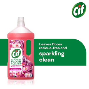 Cif All Purpose Floor Cleaner 950ml bottle in Wild Orchid scent with pink liquid, featuring floral design and 100% streak-free shine guarantee, displayed against green banner stating leaves floors residue-free and sparkling clean