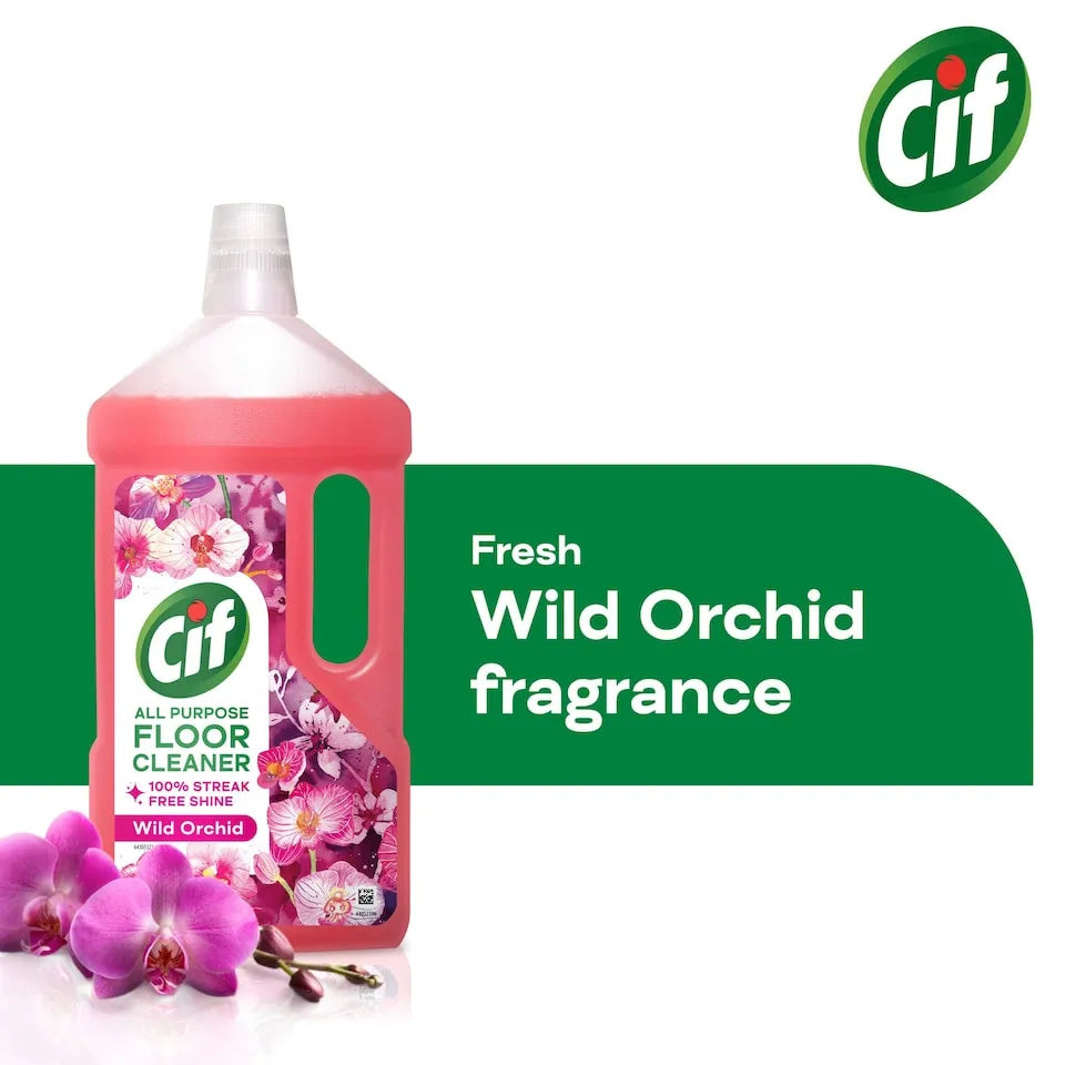 Cif Wild Orchid all-purpose floor cleaner 950ml bottle with pink liquid, featuring orchid flower imagery on label, displayed with fresh purple orchid flowers against white background with green branding banner and Cif logo
