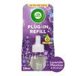 Air Wick Plug-In Refill 19ml bottle in Lavender Meadow & Bluebells scent with white nozzle cap on purple packaging featuring lavender flowers and up to 100 days duration claim with 2x more essential oils badge