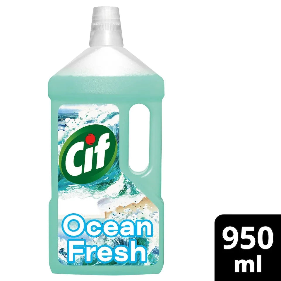 Cif Ocean Fresh floor cleaner bottle 950ml with turquoise liquid and label featuring ocean wave imagery and green circular logo with red dot