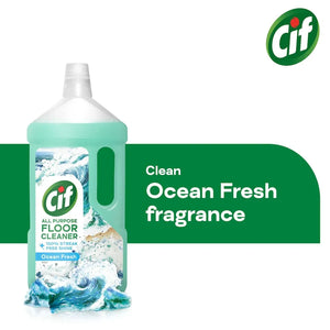 Cif All Purpose Floor Cleaner Ocean Fresh 950ml bottle with turquoise liquid, featuring wave imagery and 100% streak free shine claim on label, displayed against green curved background with Cif logo