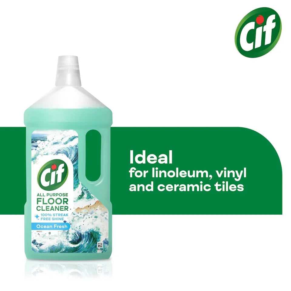 Cif All Purpose Floor Cleaner Ocean Fresh 950ml bottle with turquoise liquid, featuring 100% streak-free shine formula, ideal for linoleum vinyl and ceramic tiles with Cif green logo in top right corner