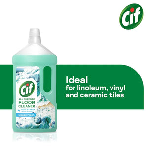 Cif All Purpose Floor Cleaner Ocean Fresh 950ml bottle with turquoise liquid, featuring 100% streak-free shine formula, ideal for linoleum vinyl and ceramic tiles with Cif green logo in top right corner