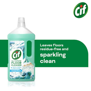 Cif All Purpose Floor Cleaner Ocean Fresh 950ml bottle with turquoise liquid and white cap, featuring ocean wave imagery on label, displayed against white background with green branding banner stating leaves floors residue-free and sparkling clean, Cif logo in top right corner