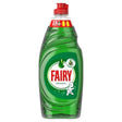 Fairy Original green washing up liquid bottle 654ml with red cap and LiftAction formula label on white background