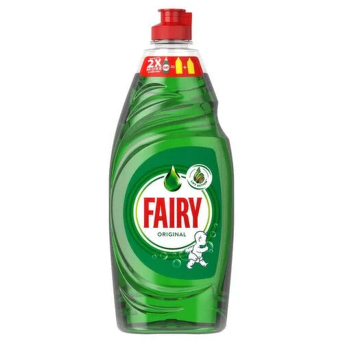 Fairy Original green washing up liquid bottle 654ml with red cap and LiftAction formula label on white background