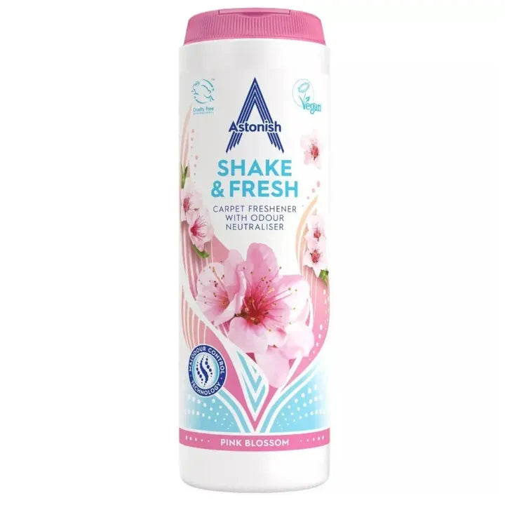 Astonish Shake and Fresh pink and white carpet freshener shaker bottle 400g with pink blossom flowers design and vegan certification badge