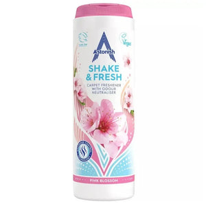 Astonish Shake and Fresh pink and white carpet freshener shaker bottle 400g with pink blossom flowers design and vegan certification badge