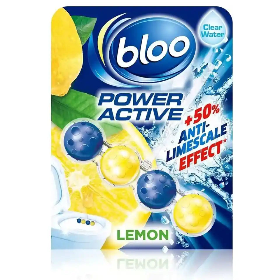 Bloo Power Active lemon scented toilet rim block package with blue and yellow design featuring anti-limescale effect branding and clear water imagery