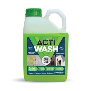 Actiwash 5 litre domestic biocide cleaner bottle with green label and white handle, designed to remove red and green algae, mould and fungi from exterior surfaces
