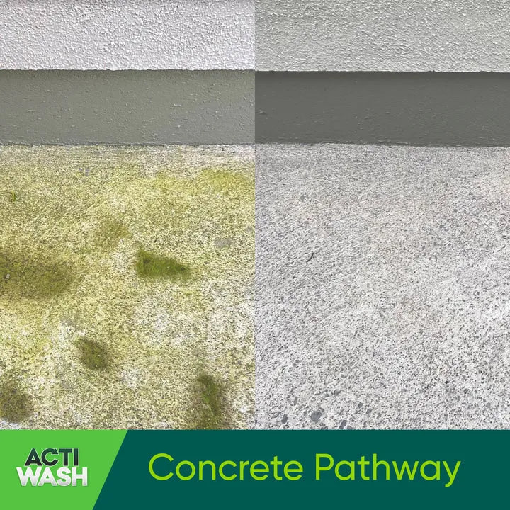 Before and after comparison of concrete pathway cleaning showing removal of green and red algae, mould and moss stains using Actiwash Pro Biocide 5 litre product