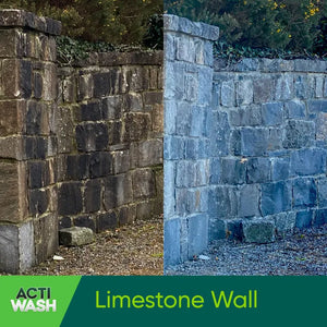 Before and after comparison of limestone wall cleaning showing dark moss-covered stone on left transforming to clean light grey limestone blocks on right, demonstrating Actiwash Pro Biocide effectiveness against algae and mould